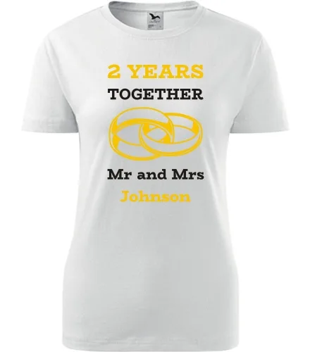 Bílé dámské tričko k výročí svatby - Mr and Mrs - žluté prstýnky