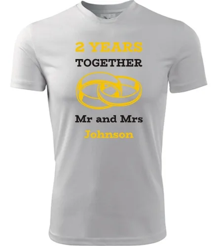 Bílé tričko k výročí svatby - Mr and Mrs - žluté prstýnky
